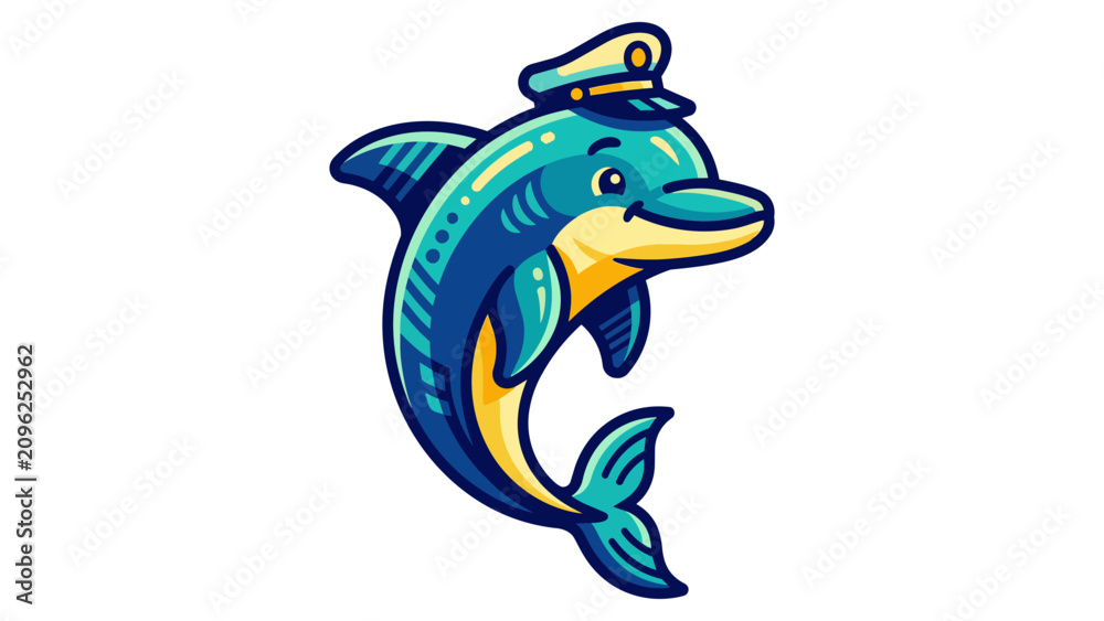 Naklejka premium Colorful dolphin sailor mascot wearing a captain hat