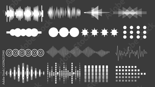 Cuadro en lienzo Audio waveform variations collection a grayscale vector illustration of sound wa