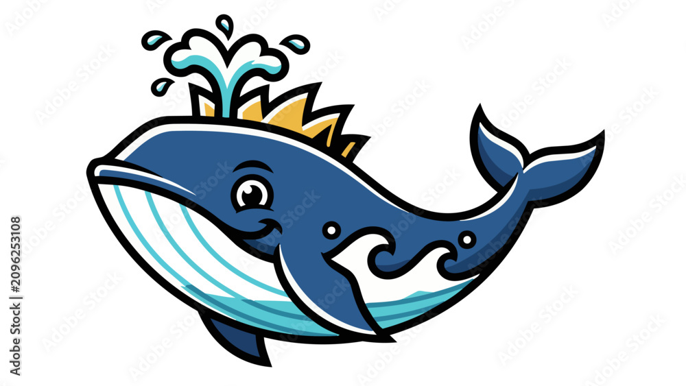 Fototapeta premium Crowned whale mascot swimming through a lively water splash