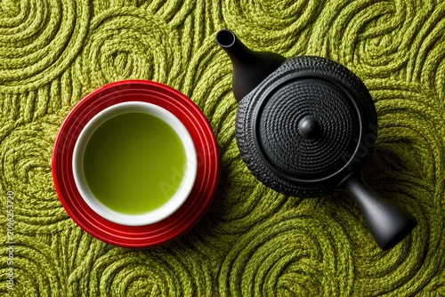 Matcha green tea cup and black cast iron teapot on textured green surface in top-down view for wellness and culinary marketing