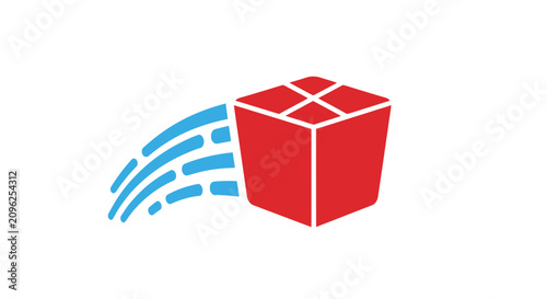 Fotografie A red box icon moving quickly with blue motion lines on a white background