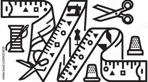 Bild auf Leinwand Sewing and tailoring tools vector icon set with measuring tape scissors thread s
