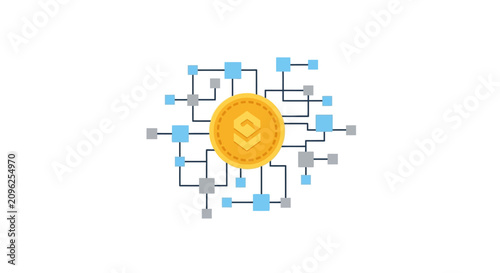 A golden digital coin connected to a network of blue and grey data squares
