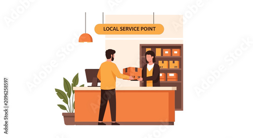 Customer Handing a Package to Staff at a Local Service Point Counter - Vector Illustration of Logistics, Delivery, and Shipping Service