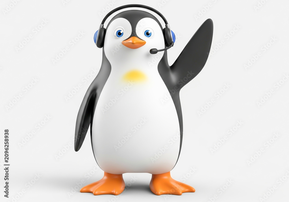 Fototapeta premium Cute penguin character wearing headset waving hello