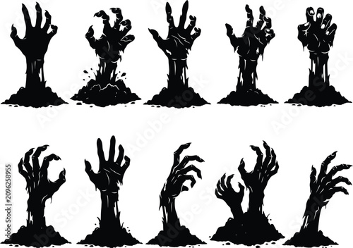 Set of ten creepy zombie hands emerging from the ground on white background.