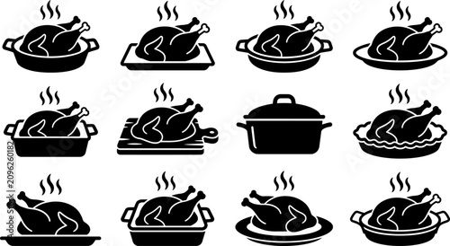 Fotografía Blackandwhite illustrations of roasted chickens in various cooking dishes and pl
