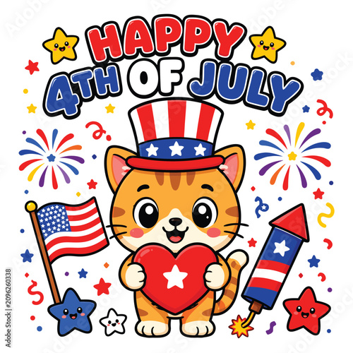 Cute Cat Happy 4th of July Mascot Flat Vector Illustration Kawaii USA Independence Day Cartoon for Stickers, T-Shirts and Greeting Cards