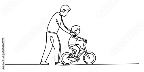Father teaching his little son to ride a bicycle continuous one line drawing Vector, illustration
