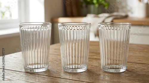 Three empty clear ribbed drinking glasses on a wooden table