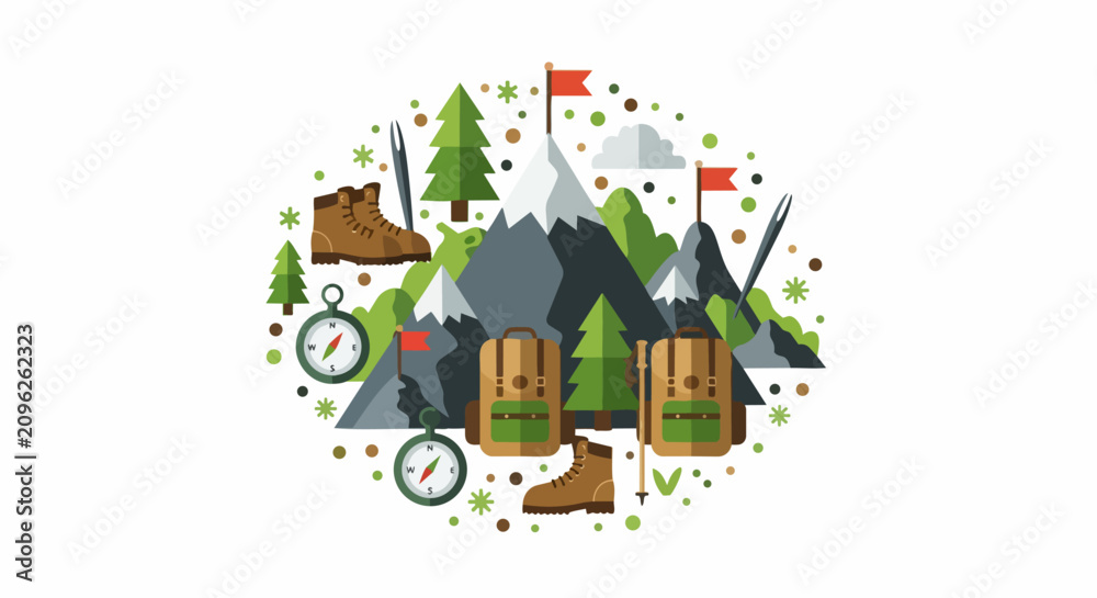 Fototapeta premium Flat Vector Illustration of Outdoor Hiking and Mountain Adventure Equipment Concept with Backpacks, Boots, and Compass