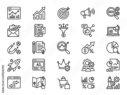 Digital Marketing Icons Set for Business Growth and Strategy.