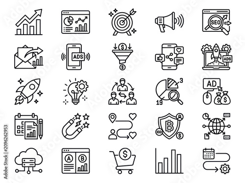 Digital Marketing Icons Set for Business Growth and Strategy.