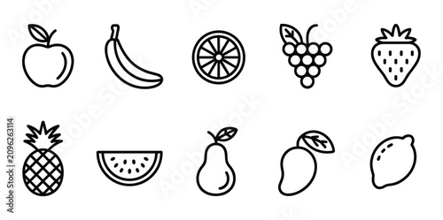 Bild auf Leinwand Assortment of Fruit Icons: A collection of clean, minimalist line art icons representing various fruits