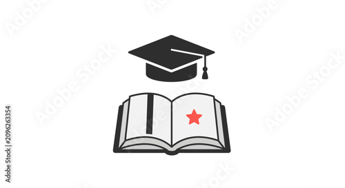 A simple flat icon showing an open book with a graduation cap above it