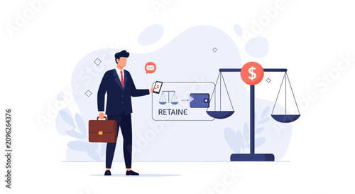 Businessman weighing financial gain against legal retainers and digital transactions with scales and wallet illustration.