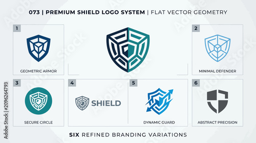 Premium Shield Logo System: Six Geometric Branding Variations, Flat Vector Design