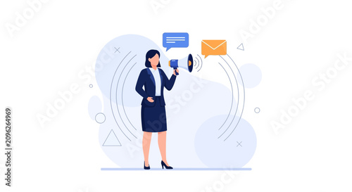 Businesswoman using megaphone for announcement and communication, vector illustration with social media icons