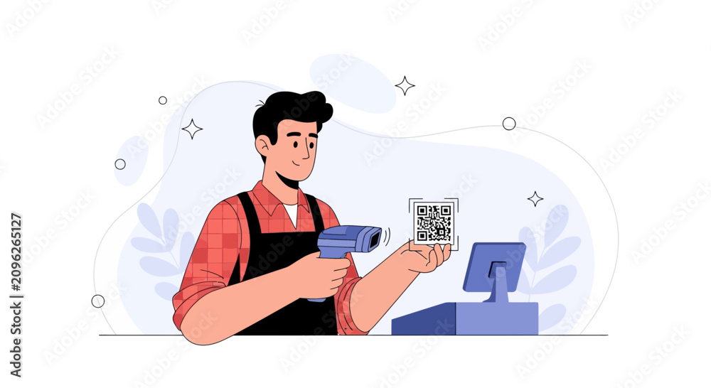Obraz premium Cashier Scans QR Code on Hand with Barcode Scanner at POS Terminal, Modern Retail Payment Concept