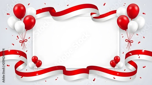 Elegant horizontal template for Indonesian independence day decorated with red and white balloons, waving ribbons, and falling confetti.