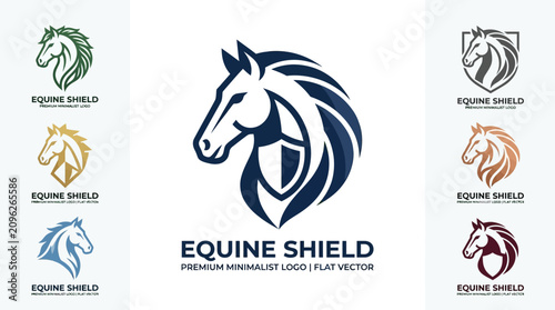 Cuadro en lienzo Equine Shield Logo Collection - Horse Head and Shield Combination Flat Vector