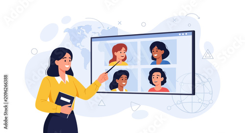Diverse group of people in a video conference with a teacher leading the online class and pointing to the screen