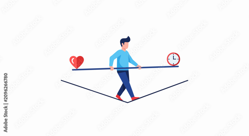 Fototapeta premium Work Life Balance Concept: Man Balancing Heart and Clock on Tightrope, Vector Illustration