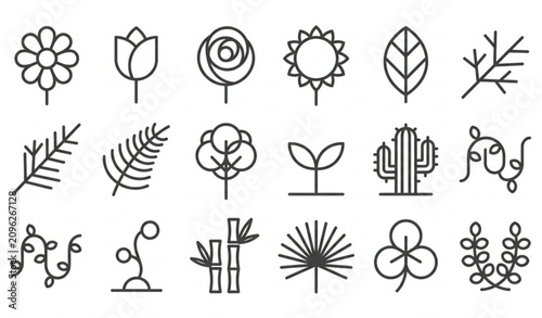 Canvastavla Minimal nature flower and leafy plant pictogram vector set made from two geometr
