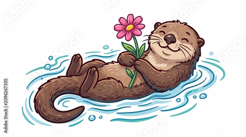 Friendly Otter Floating on Its Back Holding a Flower Colorful Outline Style Isolated on White Background