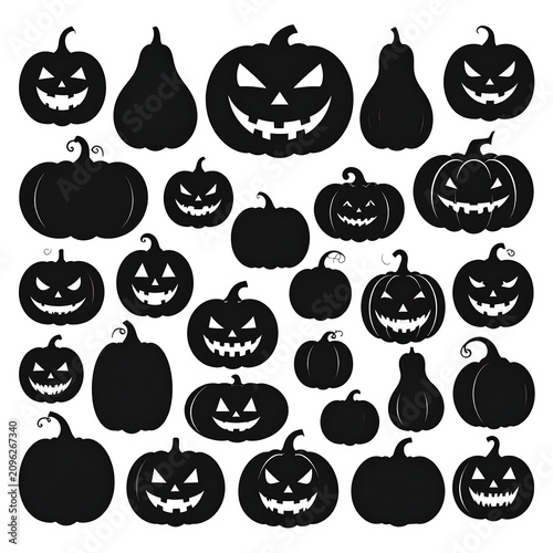 A collection of 25 black pumpkin silhouettes with various facial expressions