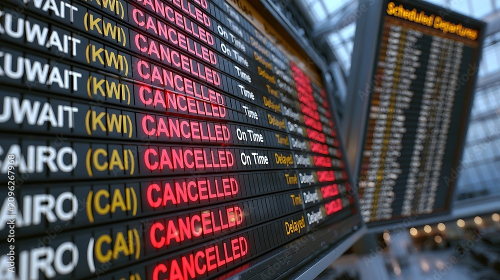 Fototapeta premium Airport departure board showing multiple flight cancellations in red text.