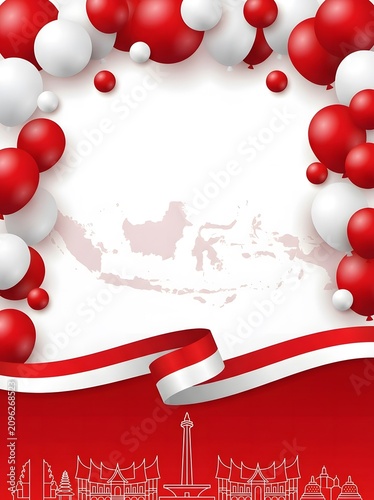Vertical poster template for Indonesian independence day celebration with red and white balloons, waving ribbon, map, and landmark silhouettes.