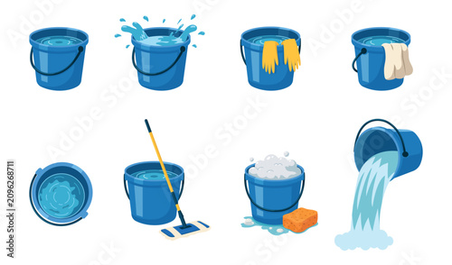 Blue Cleaning Bucket Collection with Water, Foam, Mop, Gloves and Cloth Vector Set