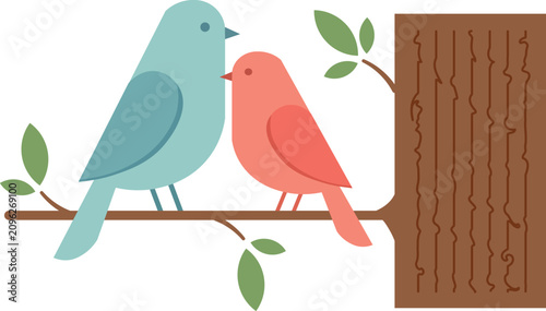 Photography Two colorful birds sitting on a tree branch with leaves, looking at each other