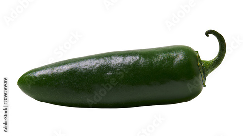 Single ripe green jalapeno pepper with curved stem, isolated on transparent background