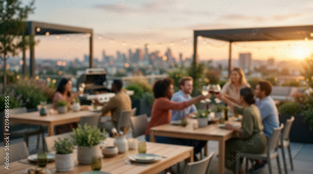 Obraz premium cinematic blurred rooftop dinner party with friends clinking wine glasses at sunset overlooking a city skyline
