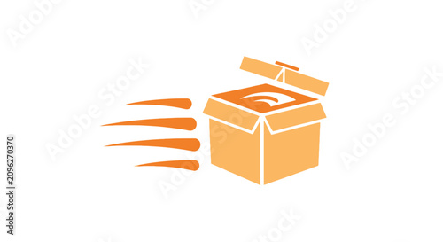 Canvastavla A stylized orange cardboard box moving quickly across a plain white background
