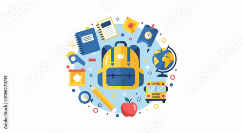 Back to School Concept with Flat Vector Icons of Backpack, Globe, Bus, and Stationery on White Background