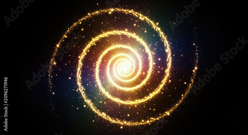 A vibrant, golden spiral emerges from a dark background, resembling a cosmic swirl. The spiral is composed of glittering particles and light, creating a mesmerizing and dynamic effect.