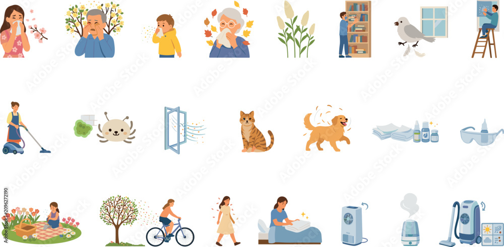 Fototapeta premium Seasonal allergy triggers and symptom icons collection showing pollen dust mites pet dander cleaning and air purification vector illustration