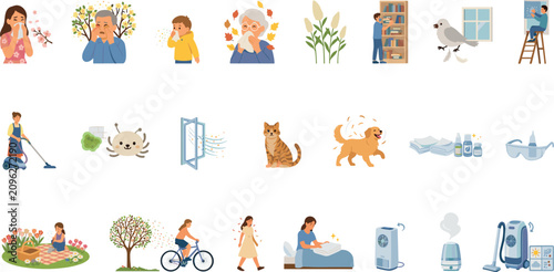 Vászonkép Seasonal allergy triggers and symptom icons collection showing pollen dust mites