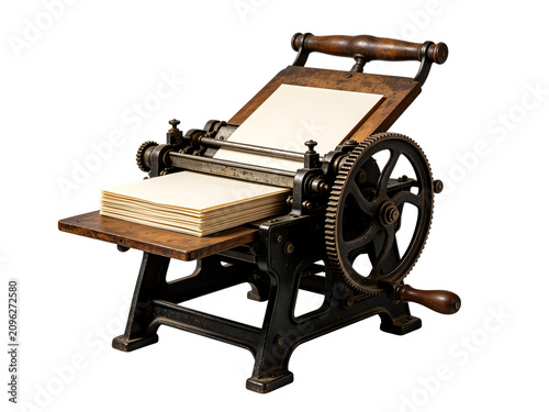 Vintage Printing Press Machine on Wooden Table in Antique Workshop Setting