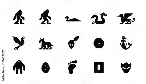 Obraz na płótnie Legendary cryptids and folklore monster silhouettes on white background