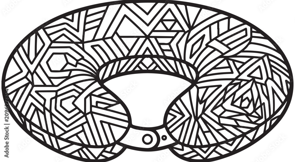 Fototapeta premium Travel neck pillow vector line art illustration with geometric pattern for coloring book page