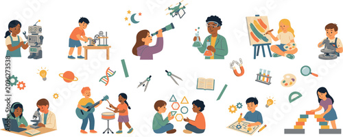 Bild auf Leinwand Diverse kids education and STEM learning vector set featuring children painting