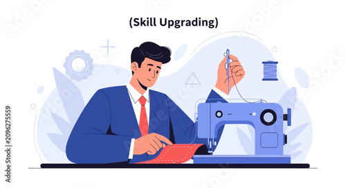 Man in Suit Learning to Sew on a Sewing Machine - Skill Upgrading Concept