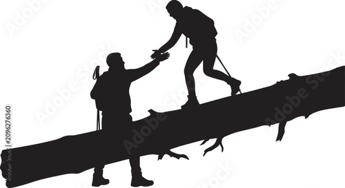 Tableau sur toile Hiker helping teammate balance on fallen tree log silhouette vector illustratio