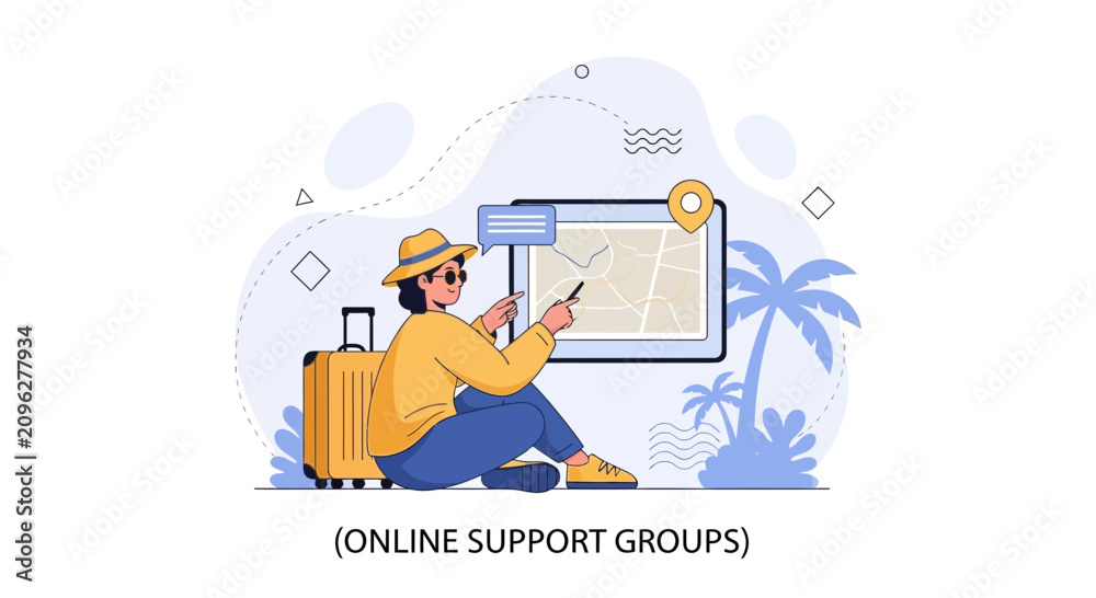 Obraz premium Person planning travel with online map and suitcase, representing digital navigation and trip planning.