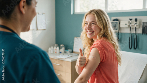 Young woman showing bandage and thumbs up after vaccine shot, National Immunization Awareness Month concept