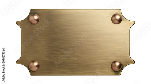 Brushed brass plaque with copper rivets, isolated on transparent background